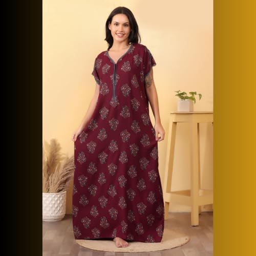 Image of Women's Alpine Botanical Leaves Print Maxi Nightgown with Pocket
