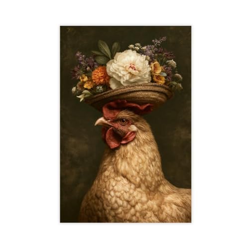 JDBeehpy Retro Hen Canvas Wall Art with Flower Basket Hat Unframed 12x18in