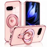 XTCASE Cover per Google Pixel 9A con Anello Supporto Magnetico, Custodia Motivo a Amore Cuore per Donne Sottile Morbido Silicone TPU Antiurto Antigraffio Dorata Placcatura Protettiva Case, Rosa