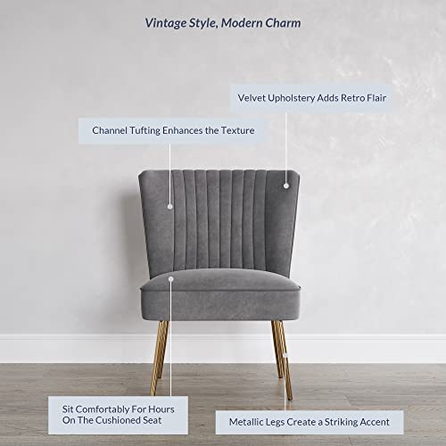 Belleze Modern Velvet Accent Chair, Armless Slipper Chair With Gold Legs Channel Tufting, Elegant Vintage Comfy Corner Chair For Living Room, Bedroom, Office - Ethia (Gray) #TOP4