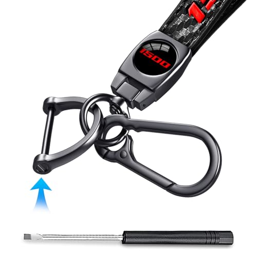 Image of Black 1500 Keychain for Dodge Charger Challenger Durango RAM, Black Carbon Fiber Leather & Metal Car Key Fob Holder, Red 1500 Car Keychain Accessories