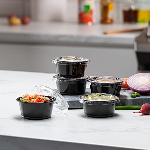 Image of {3.25 oz - 100 Sets} Black Diposable Plastic Portion Cups With Lids, Small Mini Containers For Portion Controll, Jello Shots, Meal Prep, Sauce Cups, Slime, Condiments, Medicine, Dressings, Crafts,