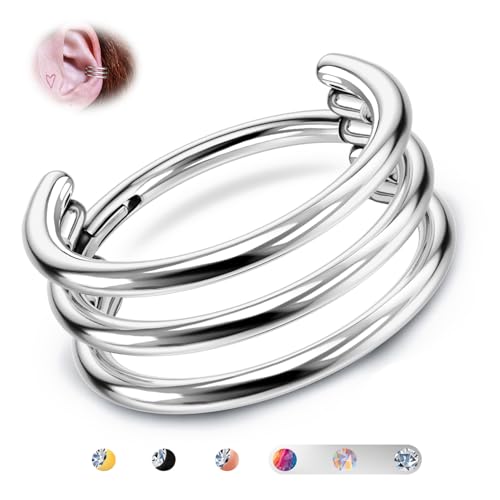 BodyBonita G23 Titanio Pendientes de Cartílago Aro 16G Anillos de Septo Triple Joyería para Piercing de Concha Tragus Daith Helix Aros para Mujer Plata 8mm