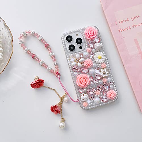 Threesee for iPhone 16 Bling Case,Luxury Crystal Rhinestone Flowers Glitter Diamond Pearl Women Girls Kids Case Cover with Lanyard for iPhone 16 6.1 inch by Threesee - Used condition - Image 3