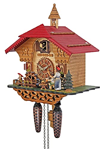 Trenkle Quartz Cuckoo Clock Black Forest House with Moving Black Forest Woman and Mill Wheel, with Music TU 4215 QM