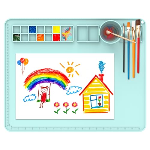 Tapete de Pintura de Silicona con Herramienta Limpia Pinceles y Taza - Tapete de 20' × 16' para Manualidades, ¡regalo perfecto para artistas jóvenes! Tapete de Arte Impermeable y Plegable (Azul)