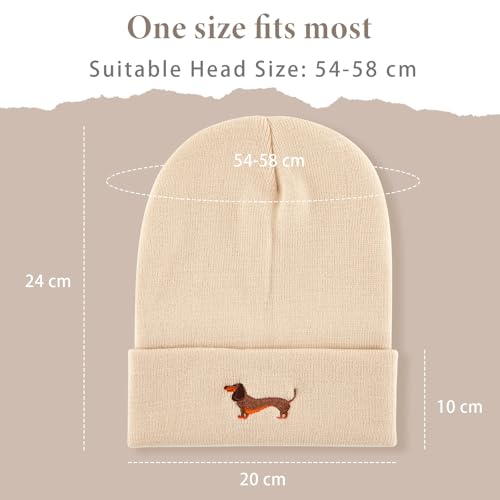 Geyoga Warme Weiche Wintermütze Winter Beanie Mütze Strickmütze mit Stickerei Kalte Mütze mit Hundestickerei Geschenk Strickmütze für Hundebesitzer(Beige,Einfacher Dackel)