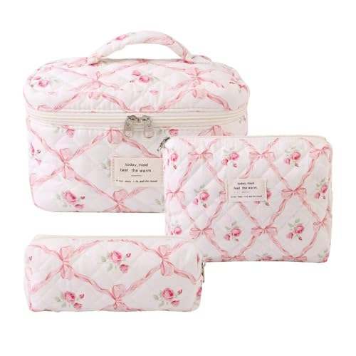 Waltonalice Juego de 3 bolsas de cosméticos de viaje para mujer, bolsa de maquillaje estética, flores grandes, bonita bolsa de maquillaje, bolsa de lavado, portátil, esencial de viaje para mujer,
