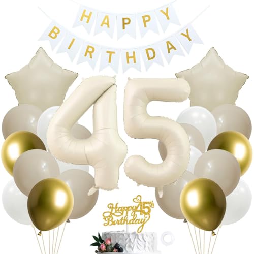 SNOWZAN 45. Födelsedagsdekoration i vitt guld för flickor och pojkar – tårttoppare partydekoration – 45:e födelsedagsdekorationer för 45 års födelsedagsdekoration