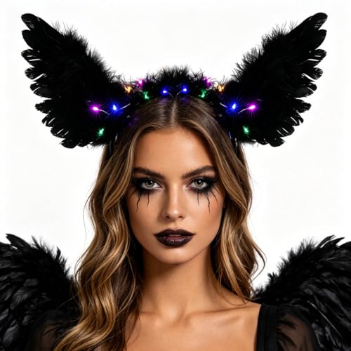 Fdesigner Feather Angel Wing Headband Light Up Costume Headpiece Glow in Dark Hair Accessories for Women (Black)