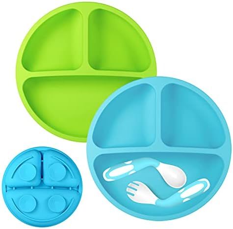 ANTUREBAY Suction Plates for Babies, 100% SiliconeToddler plates,Divided Baby Plates, Dishwasher & Microwave Friendly,Food Grade Silicone Kids Plates with Spoon Fork. (Blue,Green)