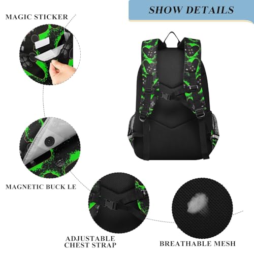 Black Green Video Game Backpack Girls Boys Elementary School Bags Bookbags Laptop Backpack Travel Daypack Safe Reflective Stripes3