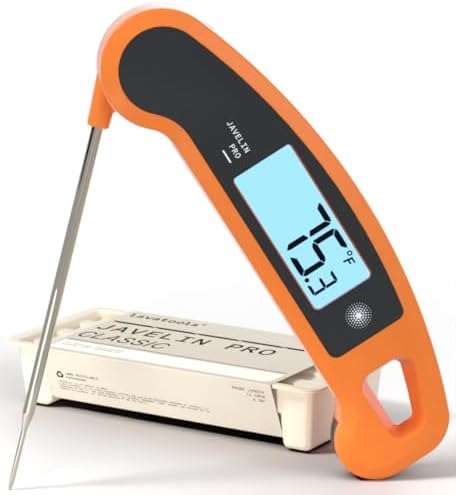 Javelinยฎ PRO Classic Ultra-Fast 2-Second Professional Digital Instant Read Meat Thermometer for Grill and Cooking, Auto-Rotating Backlit Display, IP65 Water Resistant NSF CertifiedโTangerine