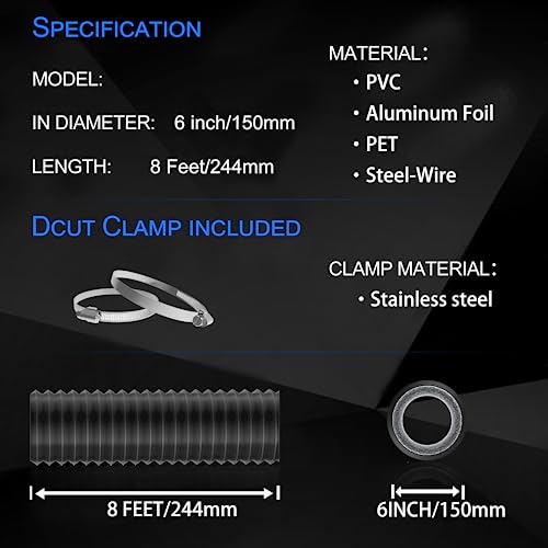 TEAIERXY 6 Inch 8 Feet Dryer Vent Hose,Flexible Insulated Air Ducting,Vent Hose PVC Aluminum Foil with 2 Clamps for HVAC Ventilation(Black)