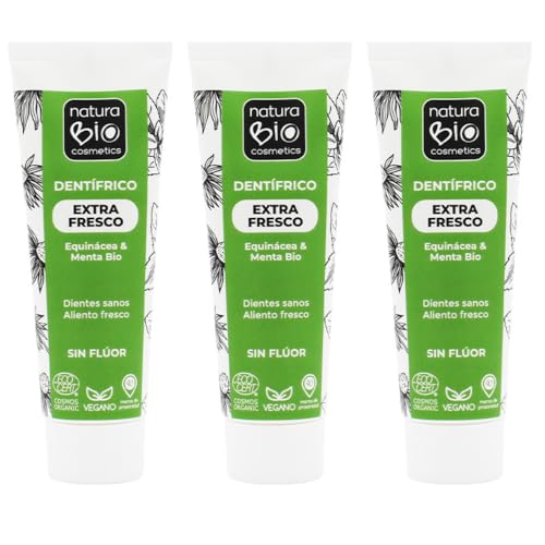 NaturaBIO Cosmetics| Pack Ahorro de 3 Pasta de Dientes Sin Flúor Extra Fresca (3x75ml), Natural y Ecológica con Equinácea y Menta Bio, Dientes Sensibles y Aliento Fresco, Vegano y Sin Gluten