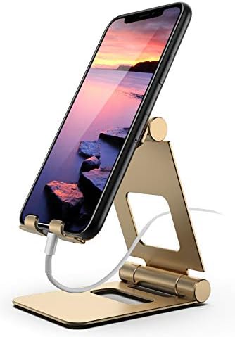 ProCase Foldable Swivel Phone Stand, Adjustable Portable Desktop Phone Holder Dock Cradle for iPhone iPad, Galaxy Android Smartphone Tablets -Gold
