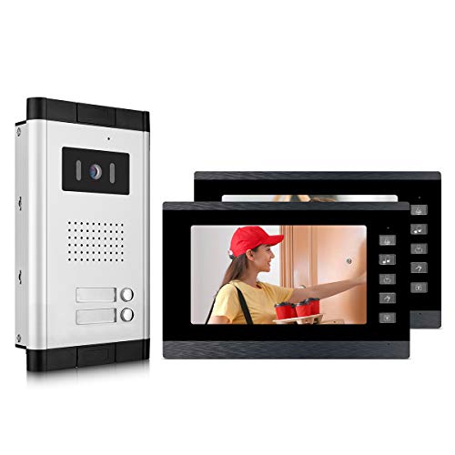 Video Intercom System, 7 inches Monitor Wired Video Door Phone Doorbell Kits, IR Night Vision Camera for 2 Units Apartment, Support Monitoring, Dual-Way Intercom for Apartment Office Villa