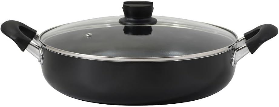 Bestco NQ-0401 Double Handled Pot, 12.6 inches 32 cm, Shallow Type, Glass Lid, IH Compatible with Gas Fires, Large, Large Capacity, Black