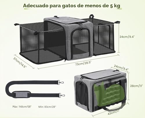 Miniatura 8 de Pecute Transportín Para Gatos Extensible, Aprobado Por Aerolíneas, Bolso Suave Transpirable Hasta 5kg 12lbs, Plegable Para Viajes, Aire Libre Y Camping, Gris