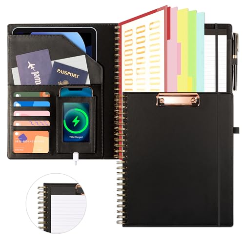 Image of Ospelelf Clipboard with Storage for Men Women, Leather Padfolio Portfolio Organizer 5 Folders with 10 Pockets, Spiral Clipboard Folio with Notepad for Letter Size, Elastic Closure and Pen Loop Black