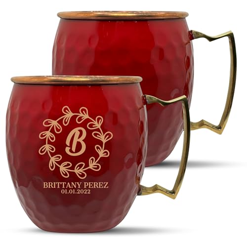 Custom Copper Moscow Mule with Hammered Painted Finish - Engraved Bar Style 100% Copper Cup with Personalized Petal Circle Monogram Wedding Themed Engraving, Brass Handle | 18 oz, Red | Set of 2