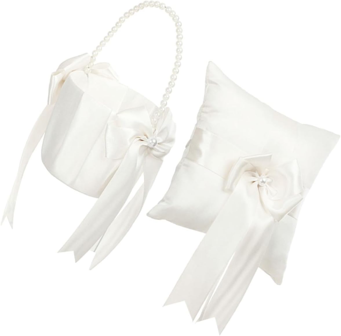 Wedding Ring Pillow White Color and Flower Girl Basket Set with Pearl Inlaid Lace, Pu Material for Delicate Romantic Style to Embellish Engagement Ceremonies and Wedding Use