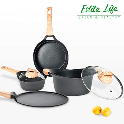 Eslite Life Pots And Pans Set Nonstick Kitchen Cookware Set, Cast Aluminum Shot Peening Craft Long-Lasting Nonstick, 10-Piece #TOP6