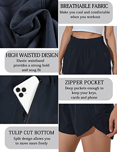 Bmjl Women's Running Shorts Elastic High Waisted Shorts Pocket Sporty Workout Shorts Quick Dry Athletic Shorts Pants(S,Darkblue) #TOP3