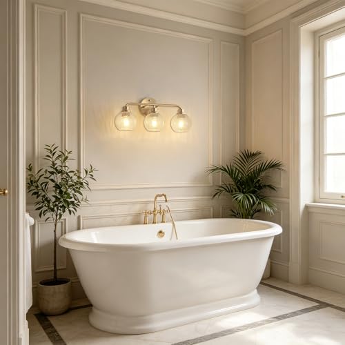 Image of Bathroom Light Fixtures Gold Vanity Light 3 Light Brushed Brass | Wall Sconces Lighting with Crackle Globe Glass Shades Bath Wall Lamp for Mirror Kitchen Living Room Bedroom Hallway