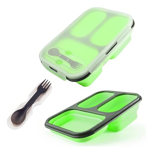 alouweekuky Faltbare Bento Box - Auslaufsichere Bento Lunchbox Brotdose aus Silikon Faltbare Lunchbox Lebensmittel mit drei Fächern und Löffel und Gabel für Erwachsene/Kinder (Grün) alouweekuky Faltbare Bento Box - Auslaufsichere Bento Lunchbox Brotdose aus Silikon Faltbare Lunchbox Lebensmittel mit drei Fächern und Löffel und Gabel für Erwachsene/Kinder (Grün)