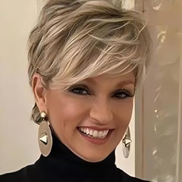 Creamily Krótkie blond peruki Pixie Cut Peruki Naturalne proste warstwowe syntetyczne peruki do włosów dla białych kobiet (blond mieszany brązowy)