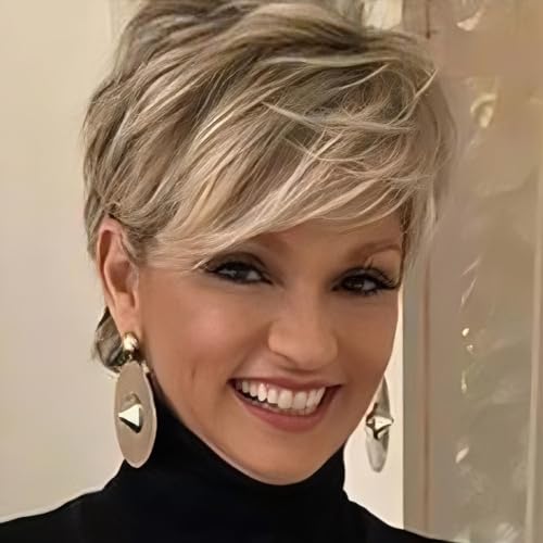 Creamily Peluca Corto Mujer Pelucas Rubias para Mujeres con Flequillo Peluca de Peluca Corto Natural para pelucas mujer pelo natural Mujer Rubia Mixta Marrón