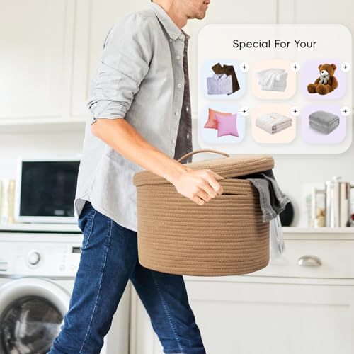 Rieeyrslza Wäschekorb für Decken mit Deckel 32L Gewebter Baumwoll Seil Korb Faltbarer Aufbewahrungskorb mit Hohler Griff, für Kinderzimmer Wohnzimmer, Platzieren Decken Kissen, 40 x 25cm (Jute)