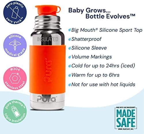 Image of Pura Sport 16oz /473ml Insulated Bottle w /Sleeve & Silicone Big Mouth Top - Stainless Steel, Warm & Cold, Leak-Proof & Spill-Proof for Kids, Toddlers, Preschoolers - Unicorn