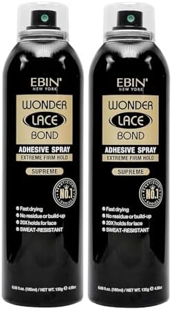 EBIN NEW YORK Wonder Lace Bond Adhesive Spray Supreme 6.08 Oz by EBIN NEW YORK โ Sweat & Humidity Resistant, Quick-Dry, Clear Finish of Wig Glue Spray for Front Lace Wig Installs โ Gift Set (2 Pack)