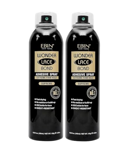 EBIN NEW YORK Wonder Lace Bond Adhesive Spray Supreme 6.08 Oz by EBIN NEW YORK – Sweat &amp; Humidity Resistant, Quick-Dry, Clear Finish of Wig Glue Spray for Front Lace Wig Installs – Gift Set (2 Pack)