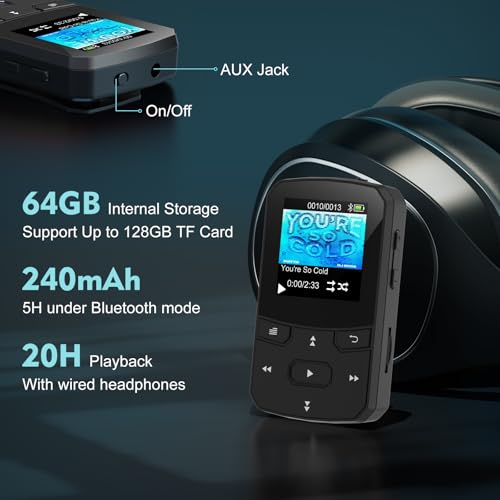 Image of RUIZU 64GB Clip MP3 Player with Bluetooth 5.3, Portable Music Player with Voice Recorder for Sport Running, FM Radio, Pedometer, A-B Repeat, Audio Video, Shuffle Playback, Support 128GB TF Card, Black