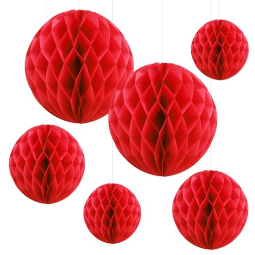 Paper Honeycomb Balls Party Decorations Colorful Paper Pompom Honeycomb 8inch/ 10 inch /12 inch for Home Decoration,Birthday Parties, Weddings, Bridal, Baby Showers (RED-(12+10+8) inch, 6)