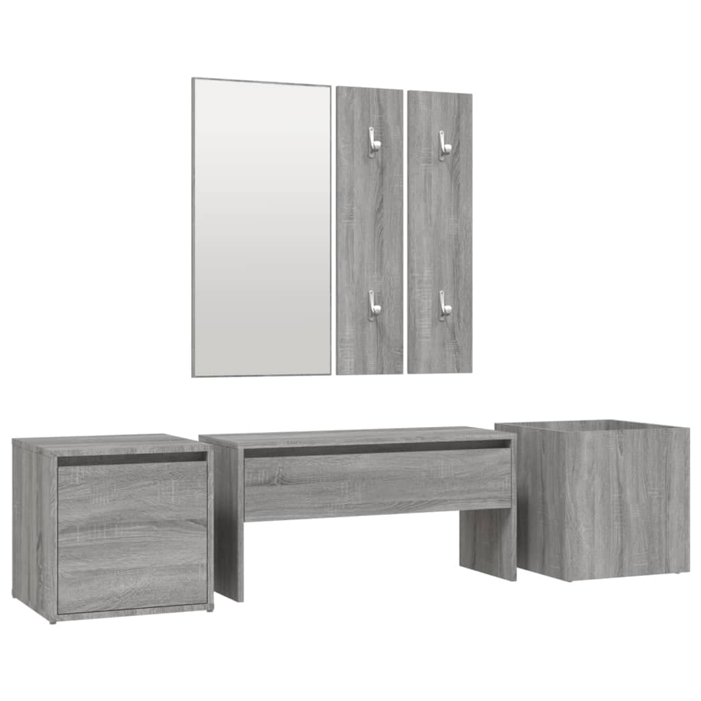 Juego de perchero gris Sonoma de madera 80 x 30,5 x 40 cm con espejo, caja de almacenamiento y jardinera, diseño moderno y robustez para pasillo, salón y dormitorio