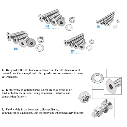 DYWISHKEY 1220 PCS M2 M3 M4 M5, 304 Stainless Steel Hex Flat Head Cap Bolts Screws Nuts Washers Assortment Kit with Hex Wrenches