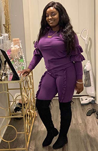 Akmipoem Casual Ruffle Two Piece Outfits Pullover Tops And Pants Jumpsuit Set For Ladies Purple L #TOP5