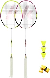Kawasaki Badminton Rackets, Professional Graphite Shaft Badminton Set of 2 for Backyard, with 2 Lightweight Carbon Badminton Racquets/3 Badminton Shuttlecocks/2 Racquet Overgrips/1 Carry Bag