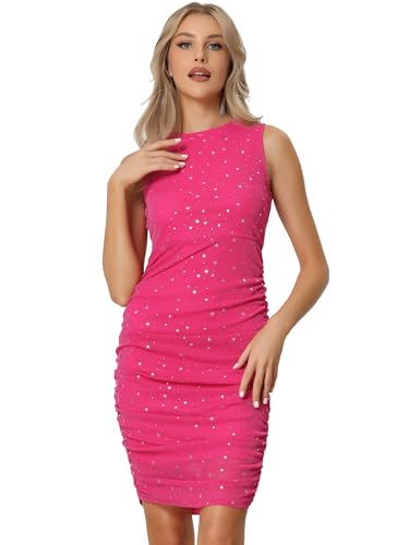 Image of Allegra K Sleeveless Glitter Dress for Women Crewneck Ruched Bodycon Star Mesh Dresses Hot Pink S
