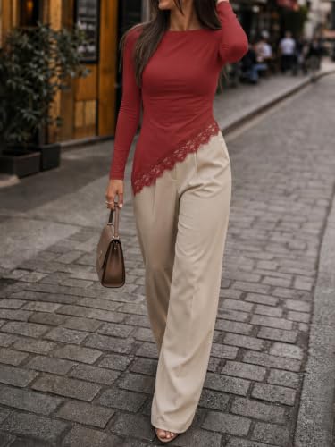 Flowyair Womens Boat Neck Lace Tops Slim Fit Long Sleeve Shirts Burgundy — view 5