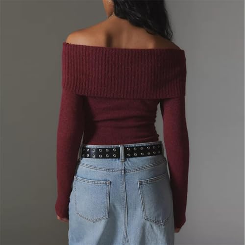 Image of Women Off The Shoulder Sweater Y2k Long Sleeve Boat Neck Knit Cropped Pullover Tops Fall Trendy Going Out Streetwear