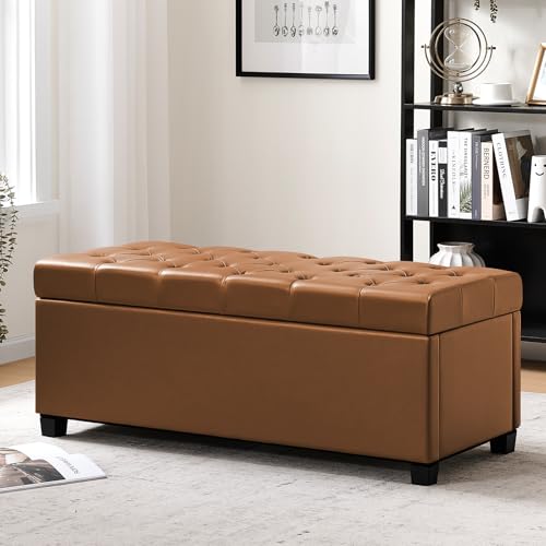 Image of Living&Giving Leather Storage Ottoman Bench for Bedroom, 47.2 inch, Brown