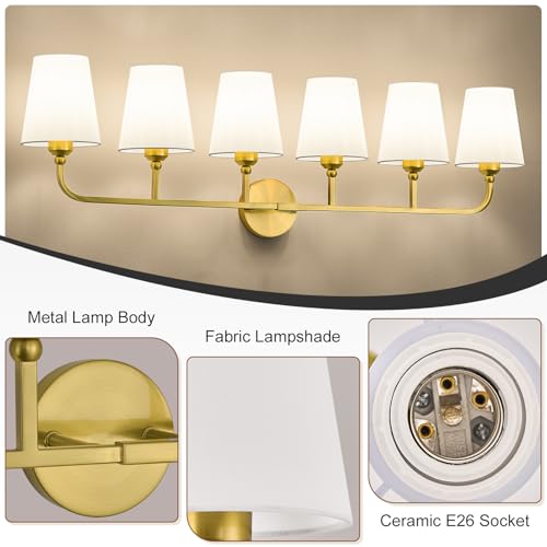Image of Bathroom Vanity Light, Brushed Gold Bathroom Lighting Fixtures Over Mirror | 6-Light Bathroom Light Fixtures with Flared White Fabric Shade, E26 Socket (ETL Listed)