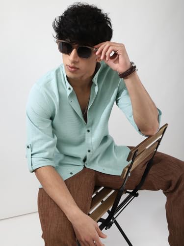 Image of Urbano Fashion Men's Linen Blend Full Sleeve Relaxed Fit Mandarin Collar Casual Solid Shirt