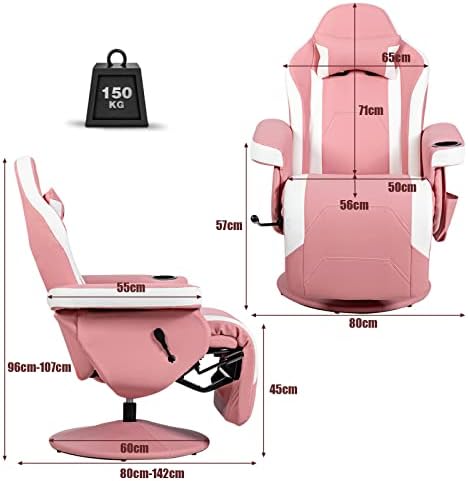 CASART Massage Racing Chair, Ergonomic Recliner Swivel Gaming Chair with Footrest, Cup Holder & Armrest, Adjustable High Back Computer Desk Chair for Home Office (Pink + White)
