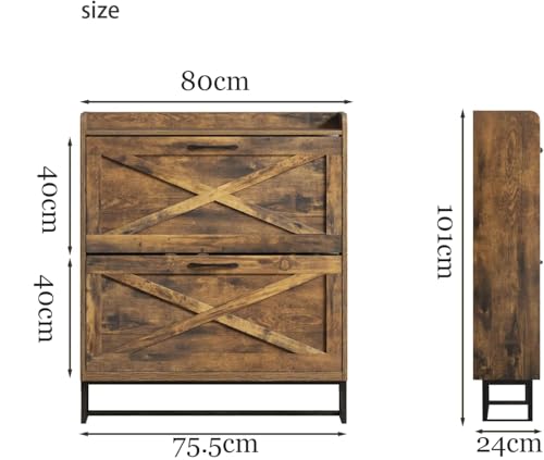 Chulovs 2-Flip-Drawer Shoe Storage Cabinet – Freestanding Narrow Shoe Organizer with Metal Legs, Rustic Brown for Entryway